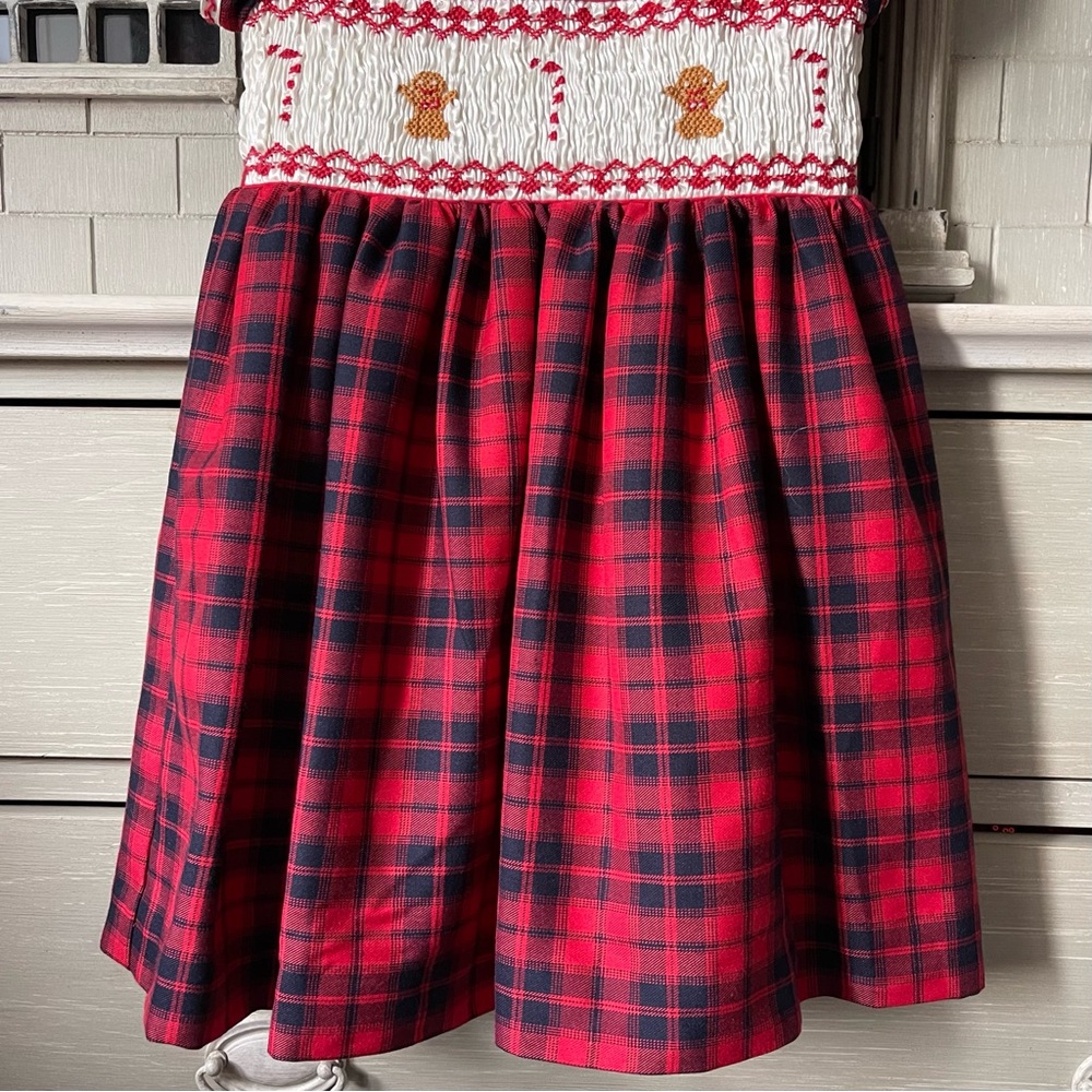 Rachel Riley Girls Gingerbread Tartan Puff Sleeve Smocked Holiday Dress, Red - Picture 10 of 15